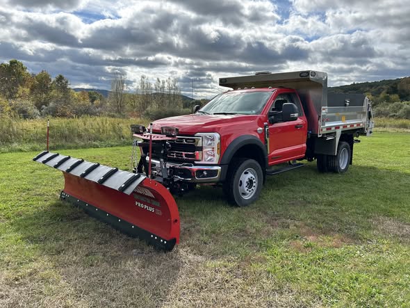 Red municipal work truck with Martin aluminum dump body and 10-foot Western Pro snowplow, built by PA Municipal for a Mercer County, Pennsylvania township